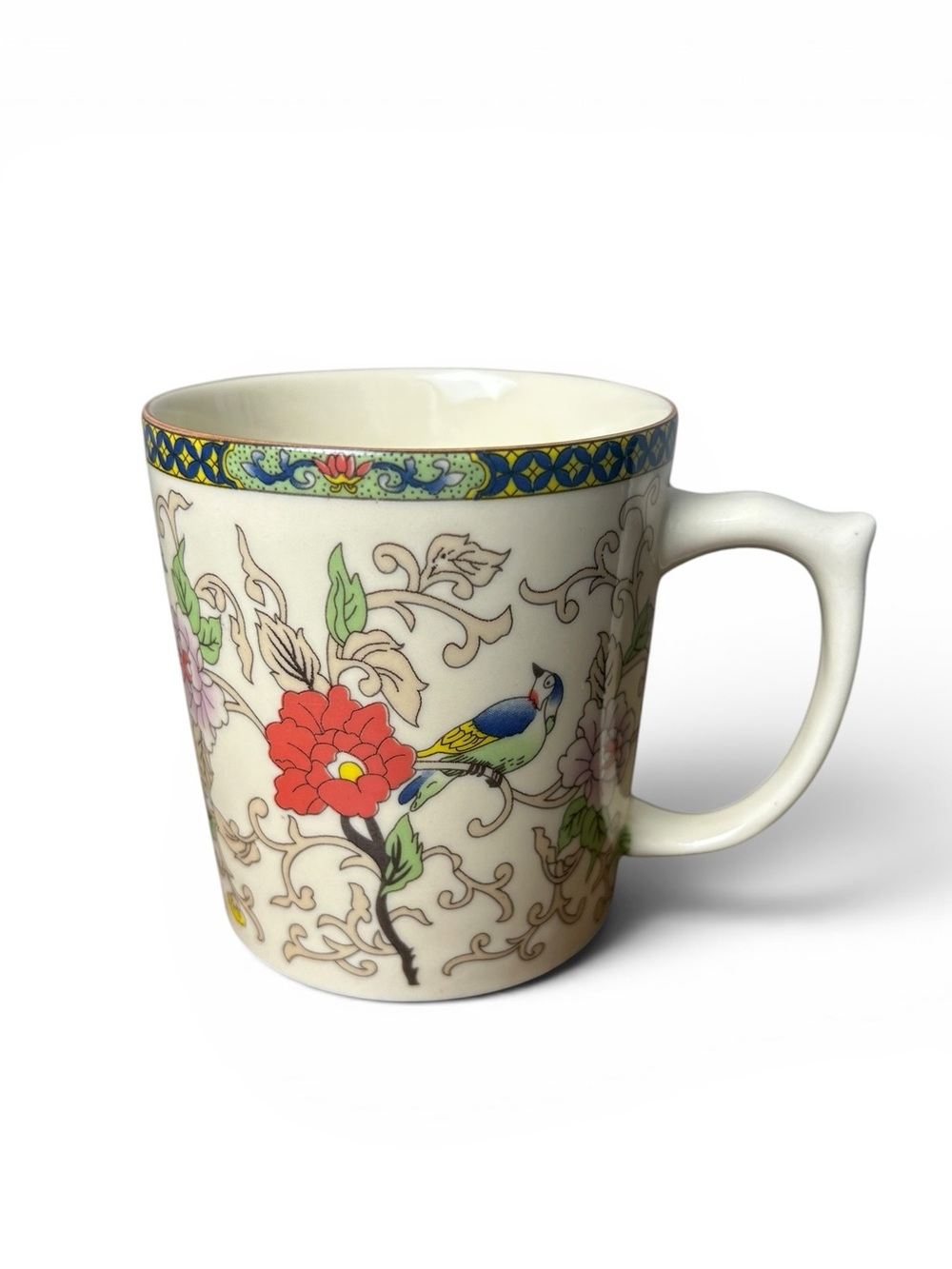 Floral Bird Tea Mug w Built In Tea Bag Holder Porcelain Cup